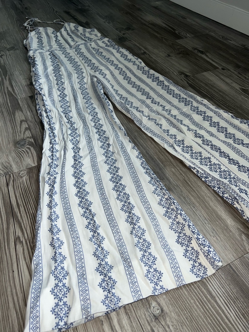 White & Blue Printed Wide-Leg Jumpsuit